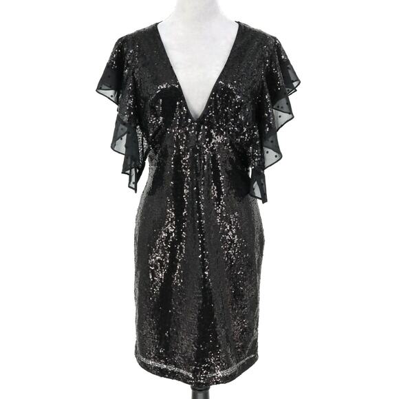 Lulus Dresses & Skirts - Lulus Dress Womens Large Black Sequins Lined Ruffle Sheer Back Side Zip Deep V